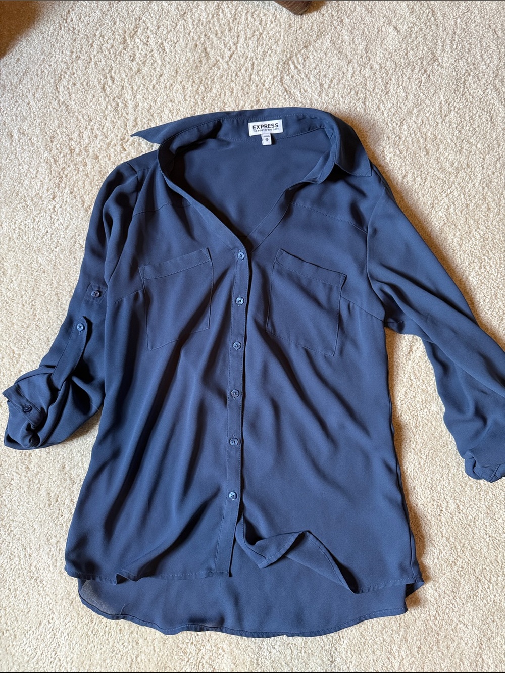 Express Navy Long-Sleeve Button Front Blouse